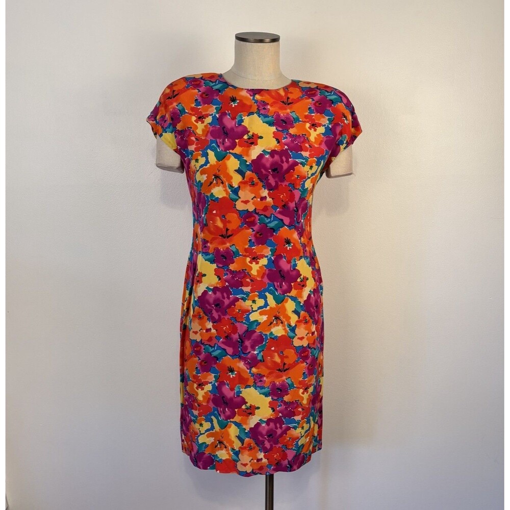 VTG 80s 90s Saks Fifth Avenue Womens 6 Silk Bright Abstract Floral Sheath Dress - Picture 2 of 9
